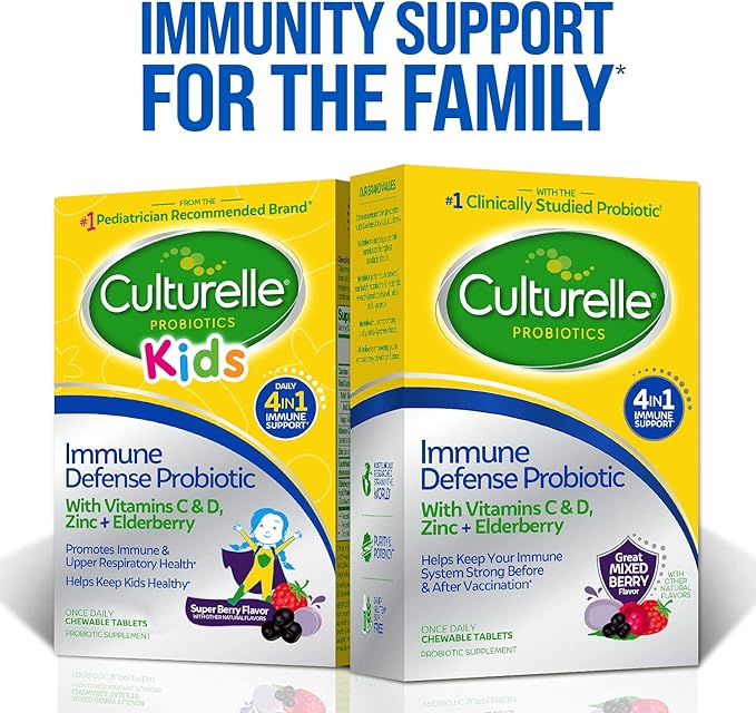 Culturelle Immune Defense Probiotic with Vitamin C,Vitamin D and Zinc + Elderberry,Non-GMO,4-in-1 Immune Support for Kids Ages 3+*,Mixed Berry Chewables,60 Count (Pack of 2)