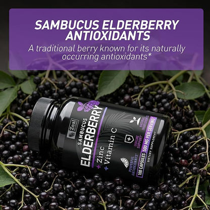 Zeal Naturals Max Strength Elderberry Capsules - 500mg, 100 Capsules | Sambucus Black Elderberry, Vitamin C, and Zinc | 3-in-1 Immune Support Supplement for Adults