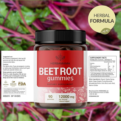 HERBAMAMA Beet Root Gummies - 12000mg Red Beets with Black Pepper Extract for Overall Support - Vegan, Non-GMO Antioxidant Supplement - 90 Pectin-Based Strawberry-Flavored Chews