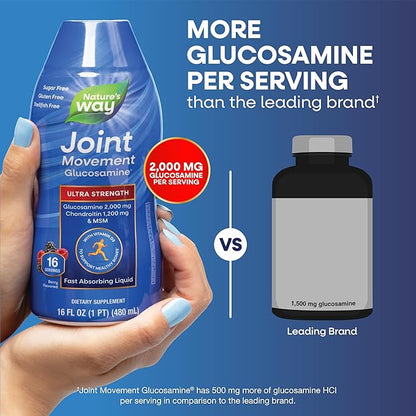 Nature’s Way Ultra-Strength Joint Movement Glucosamine Liquid, Glucosamine, Chondroitin, MSM with Vitamin D3 & Hyaluronic Acid, Fast-Absorbing Liquid, Joint Support Supplement*, Berry Flavored, 16 Oz