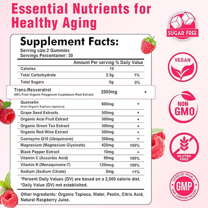 Organic Resveratrol Gummies for Women - Sugar Free Resveratrol-Nutritional-Supplements for Antioxidant Support, Cellular Health, Immunity, Brain & Energy, Raspberry Flavor, 120 Count