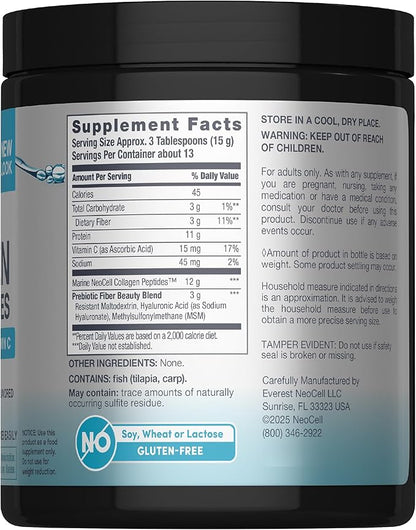 NeoCell Marine Collagen Peptides Powder | 7 oz | Unflavored Supplement | with Vitamin C and MSM | Plus Hyaluronic Acid | Prebiotic Fiber Beauty Blend | Hair, Skin, & Nails | for Women and Men