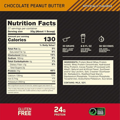 Optimum Nutrition Gold Standard 100% Whey Protein Powder, Chocolate Peanut Butter, 2 Pound (Packaging May Vary)