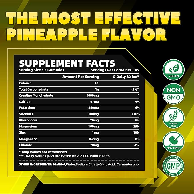 Creatine Monohydrate Gummies (5g) – Pre-Workout Energy & Muscle Growth Support for Men & Women | Pineapple Electrolyte Gummies (135 Count)