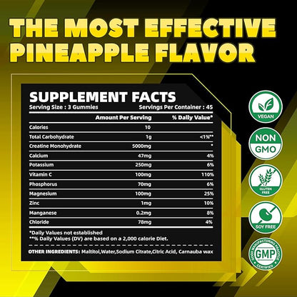Creatine Monohydrate Gummies (5g) – Pre-Workout Energy & Muscle Growth Support for Men & Women | Pineapple Electrolyte Gummies (135 Count)