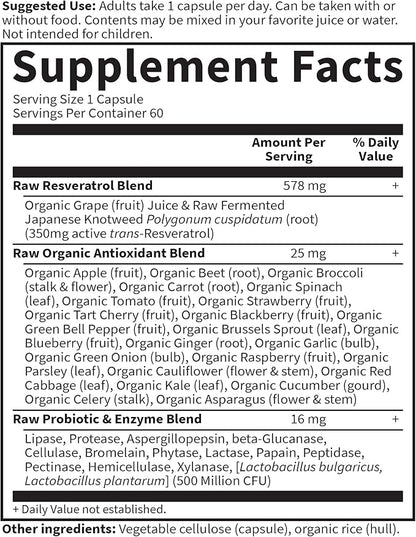 Garden of Life Raw Resveratrol Supplement with Probiotics & Digestive Enzymes – Antioxidant Support for Heart Health & Healthy Aging, Non-GMO, Vegan, 60 Vegan Capsules