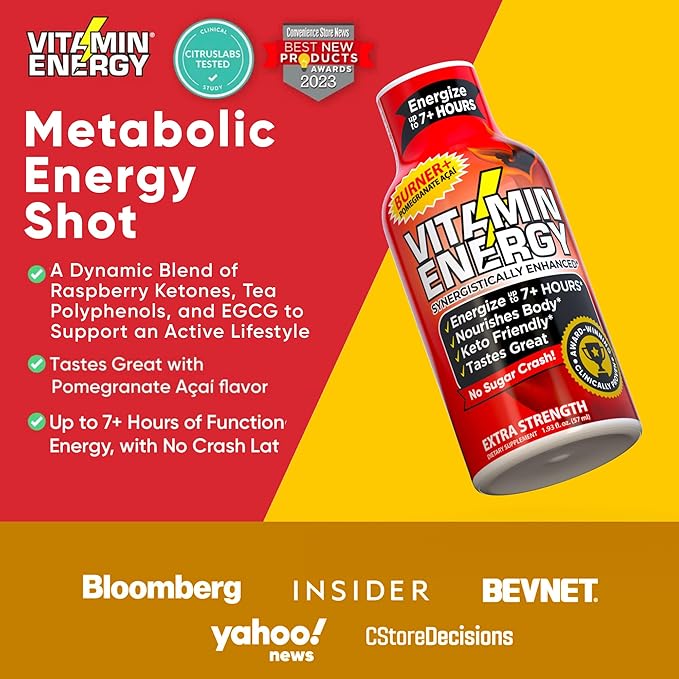 Vitamin Energy Burner+ Extra Strength Energy Shot Pomegranate Açaí 12 Pack, 260mg Natural Caffeine, 25mg Ketones, Green Tea, EGCG, Metabolism, Endurance, Zero Sugar, Gluten-Free, Vegan, 1.93 fl oz