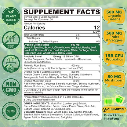 Organic Super Greens Daily Superfood Gummies + Probiotics, Spirulina, Chlorella Spinach Broccoli, Prebiotic Fiber, Mushroom -Rich in Vitamins & Antioxidants - Digestive, Focus, Energy, No Sugar, 60Cts