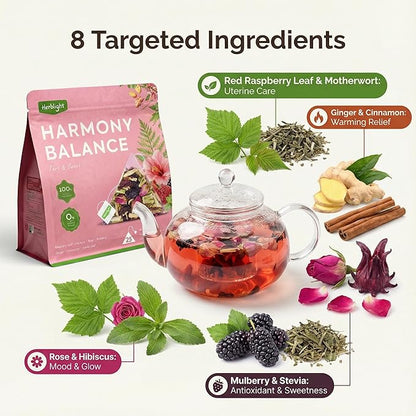 Herblight Harmony Balance Tea with Red Raspberry Leaf, Rose & Ginger - Caffeine-Free Herbal Blend for Women's Cycle Support & Monthly Comfort - Premium Whole Leaf Tea (25 Pyramid Bags)