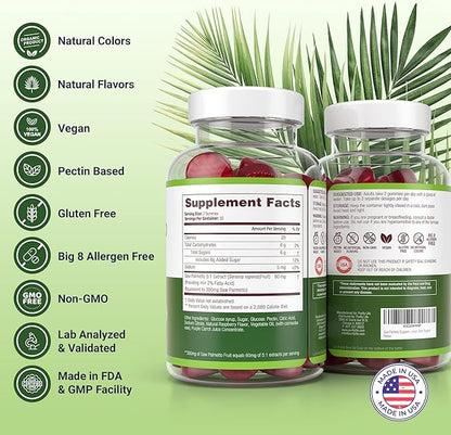 Sugar-Free Saw Palmetto Gummies for Men & Women - Saw Palmetto Extract Supplement for Hair Appearance, Hormone Balance & Prostate Wellness - Vegan Pectin Formula, Non-GMO, Gluten Free - 60 Count