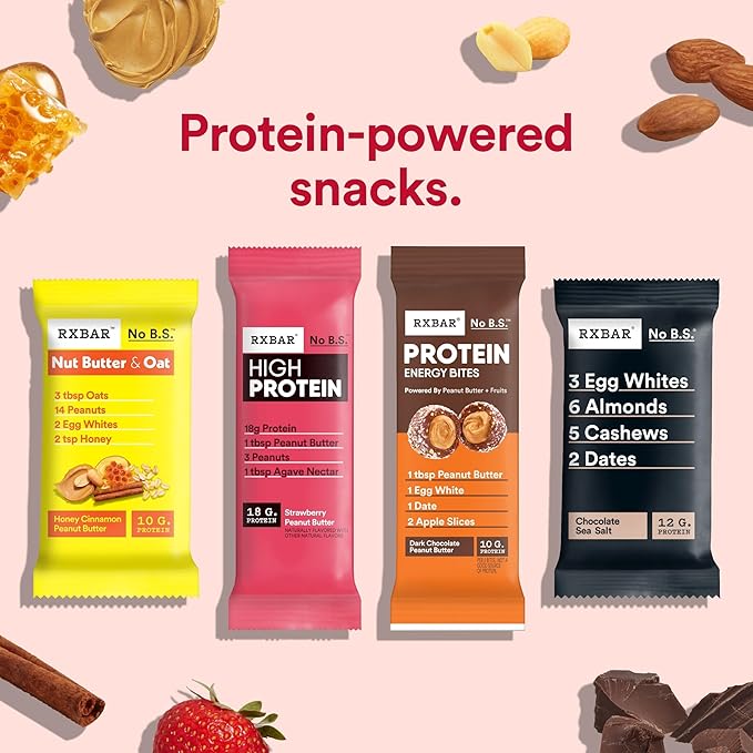 RXBAR Protein Energy Bites, Gluten Free Protein Balls, Strawberry Peanut Butter, 21.1oz Box (24 Bites) 