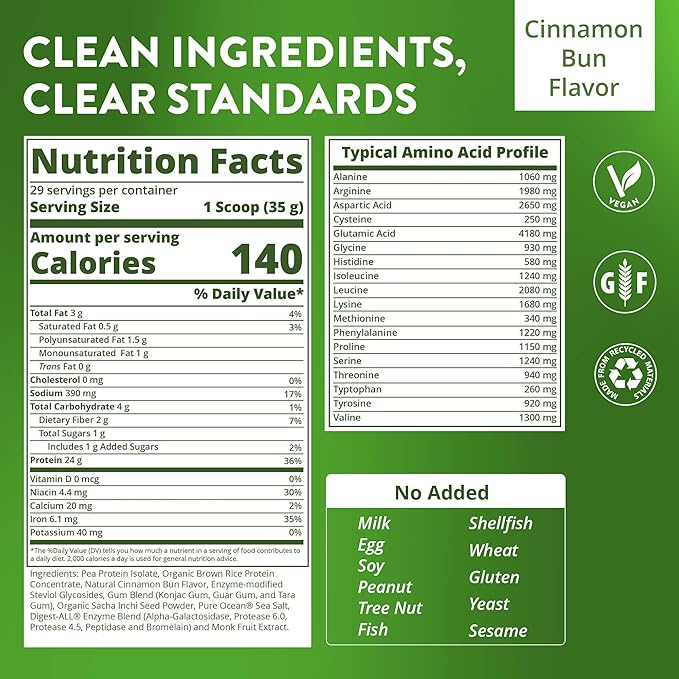 MRM Veggie Elite Performance Protein - Cinnamon Bun, Plant-Based Powder, 24g Protein per Serving with BCAAs & Digestive Enzymes, Clinically Tested - Vegan, Gluten-Free - 30 Servings