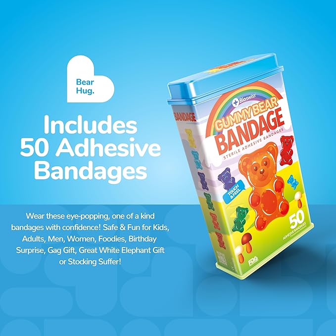 BioSwiss Bandages, Gummy Bear Shaped Self Adhesive Bandage Set, Latex Free, Sterile Wound Care, 50 Count