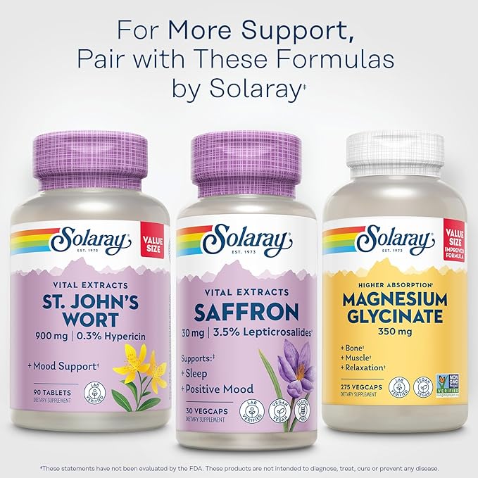 SOLARAY Saffron Extract - Sleep and Positive Mood Support - Vegan and Gluten Free Saffron Supplements - Lab Verified - 60-Day Guarantee - 30 Servings, 30 VegCaps