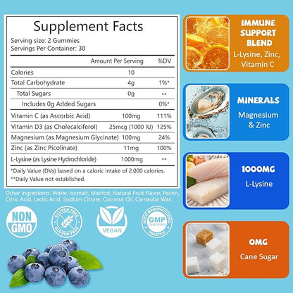L-Lysine Gummies 1000mg, 5 in 1 Extra Strength for Immune Support, Skin & Lip Health, Chewable Lysine Supplement for Kids Adults, 60 Count