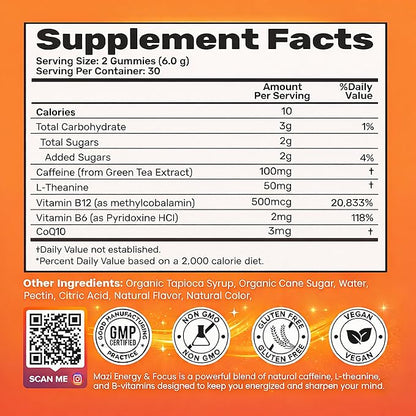 Energy & Focus Gummies | 100mg Natural Caffeine + L-Theanine + Vitamin B6 & B12 + CoQ10 | Nootropic Cognitive Brain Performance Supplement | No Crash or Jitters