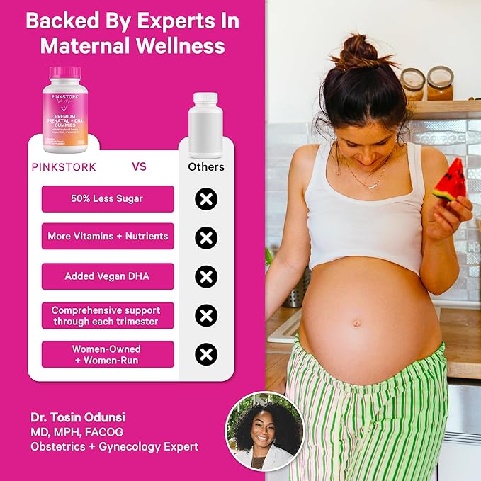 Pink Stork Premium Prenatal Gummy Vitamins with DHA, Folate, and Vitamin D - Multivitamin for Neural Tube and Fetal Brain Development - 60 Vegan Gummies for Morning Sickness Support