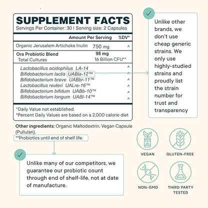 Ora Organic Probiotics with Prebiotics for Digestive Health 16 Billion CFU - Trust Your Gut - Strains - Acidophilus Lactobacillus Breve Bifidum Lactis