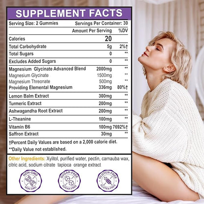 Magnesium Glycinate Gummies Supplement for Adults Women, Magnesium Gummies with L-Threonate, Ashwagandha, Vitamin B6- Sleep, Relaxation, Calm, Energy, Vegan, Sugar Free, 60 Count