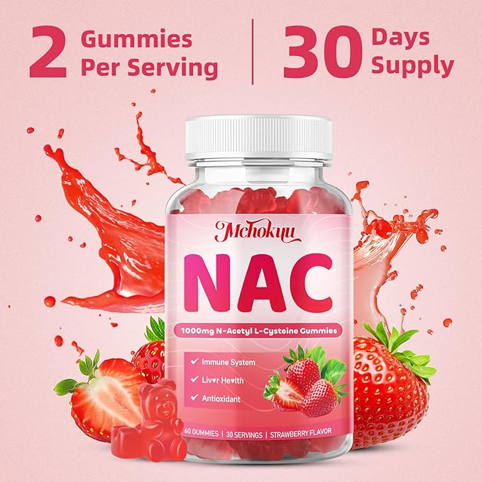 NAC Gummies for Adults & Kids 1000mg Per Serving, NAC Supplement N-Acetyl Cysteine for Immune, Glutathione & Antioxidant Support, Sugar-Free Vegan Strawberry Flavor, 120 Count