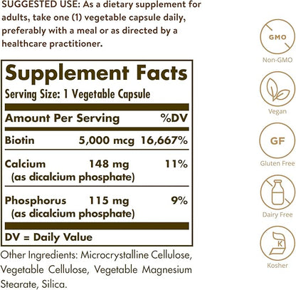 Solgar Biotin 5000 mcg, 100 Veg Caps - Promote Healthy Skin, Nails & Hair - Supports Energy Production, Protein, Carbohydrate & Fat Metabolism - Vitamin B - Non GMO, Vegan, Gluten Free - 100 Servings