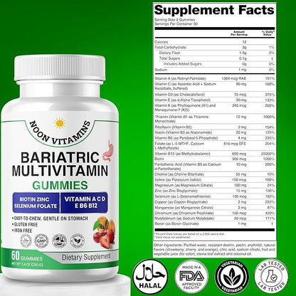 Bariatric Multivitamin Gummies | High Potency Iron Free with Methylated B12 & Folate | Daily Nutritional Support for Bariatric Lifestyle | Women & Men | 60 Gummies (30-Day Supply) | Halal Certified