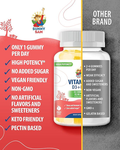 SUNNY SAM Sugar-Free Vitamin D3 K2 Gummies 5000 IU - Immune & Bone Support - Vitamin D Gummy Supplement for Adults - High-Absorption, Vegan, Halal, Gluten-Free Chewable Vitamins - 120 Count