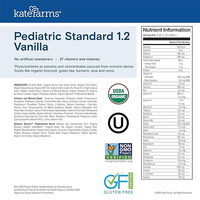 KATE FARMS Organic Plant Based Pediatric 1.2 Sole Source Vanilla Nutrition Shake,12g of protein,27 Vitamins and Minerals,Meal Replacement Drink for Kids,Non-GMO,8.45 Fl oz,(Pack of 24)
