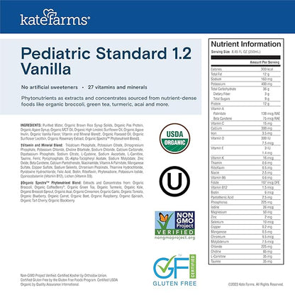 KATE FARMS Organic Plant Based Pediatric 1.2 Sole Source Vanilla Nutrition Shake,12g of protein,27 Vitamins and Minerals,Meal Replacement Drink for Kids,Non-GMO,8.45 Fl oz,(Pack of 24)