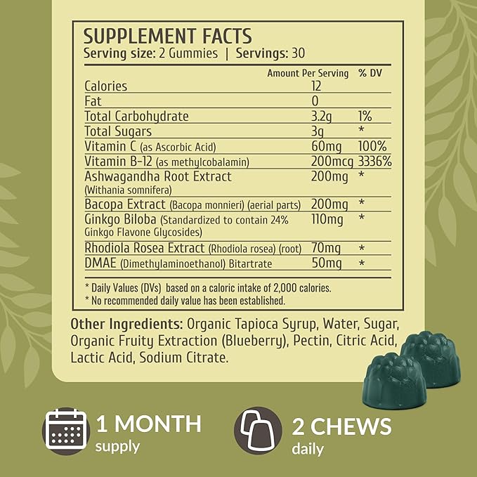 HERBAMAMA Brain Support Gummies – Brain Focus Supplements for Adults with Ashwagandha, Bacopa Monnieri, Vitamin C & B12 – Vegan, Non-GMO Calming Gummies – 60 Pectin-Based Blueberry-Flavored Chews