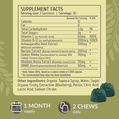 HERBAMAMA Brain Support Gummies – Brain Focus Supplements for Adults with Ashwagandha, Bacopa Monnieri, Vitamin C & B12 – Vegan, Non-GMO Calming Gummies – 60 Pectin-Based Blueberry-Flavored Chews