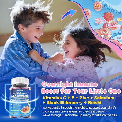 Kids 4+ Nighttime Multivitamin, Melatonin Free Sleep Aid Gummies w/Magnesium Glycinate, Saffron, L-Theanine, Calcium, Inositol, D3+K2, Zinc Supports Calm Mood, Brain, Bone & Immune, Sugar Free, 2 Pack