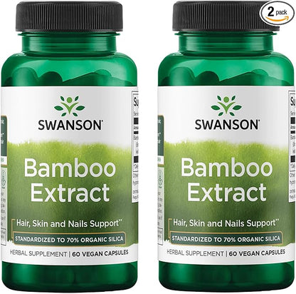 Swanson Bamboo Extract - Natural Hair, Skin and Nails Supplement - 70% Silica Content Supporting Collagen Formation & Bone Growth - (60 Veggie Capsules, 300mg Each) (2 Pack)