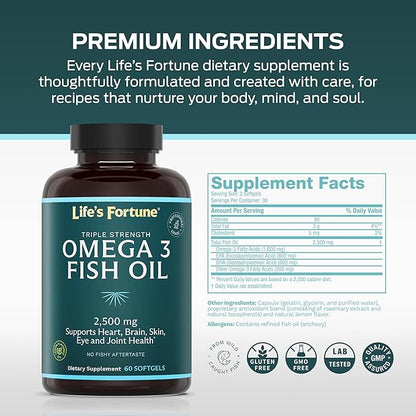 Life's Fortune Fish Oil Omega 3 Concentrate Supplement 2500 mg, 60 Softgels, High Potency, EPA & DHA Fatty Acid - Heart, Brain, Skin, Joints - Non GMO