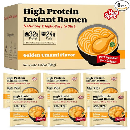Healspot High Protein Instant Ramen, 6 Pack Non Fried Ramen Broth, 32g Plant Based Protein, Low Fat, Low Carb, Non GMO, Keto Friendly & Plant Based(Golden-Chicken)