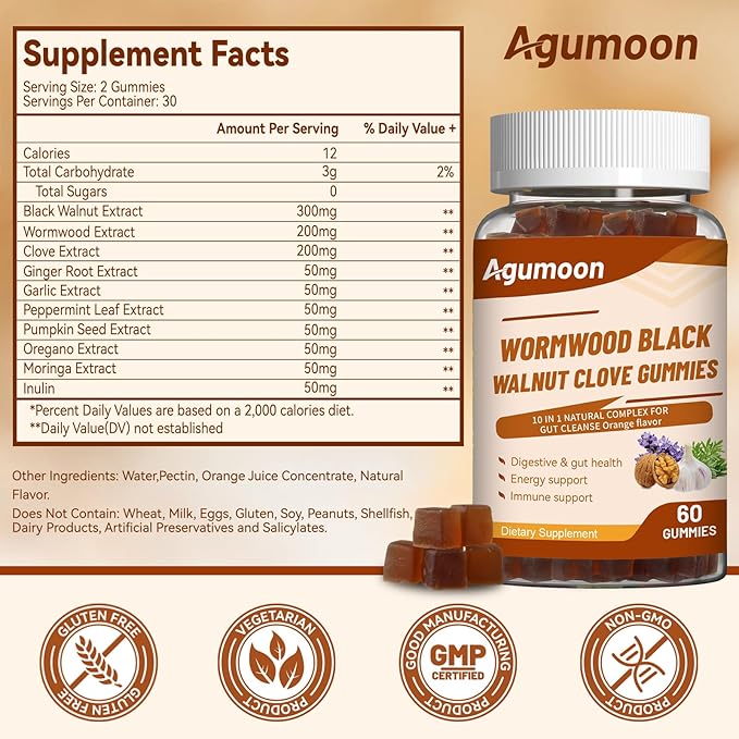 10-in-1 Wormwood Black Walnut Clove Gummies for Adults,Herbal Supplement for Gut Cleanse & Digestive Wellness with Garlic,Turmeric,Pumpkin Seed,Oregano,Moringa,60 Gummies