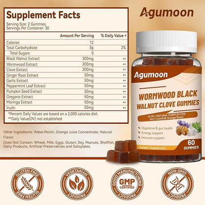 10-in-1 Wormwood Black Walnut Clove Gummies for Adults,Herbal Supplement for Gut Cleanse & Digestive Wellness with Garlic,Turmeric,Pumpkin Seed,Oregano,Moringa,60 Gummies