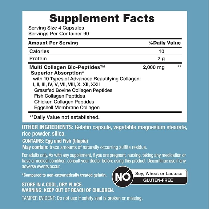 NeoCell Multi Collagen Peptides Capsules | 360 Pills | 10 Types of Advanced Bio-Peptides | Superior Absorption | Grass Fed Complex Supplement | for Women and Men