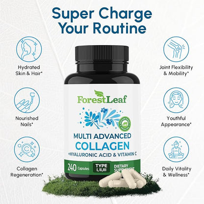 ForestLeaf Multi Collagen Pills - Collagen Men & Collagen Women - Hydrolyzed Collagen Supplements with Vitamin C & Hyaluronic Acid - Collagen Capsules for Hair, Skin & Nails (240 Peptide Capsules)