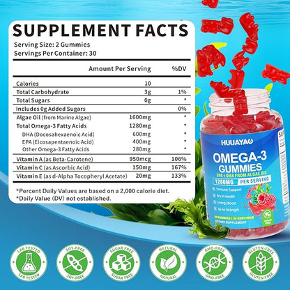 Vegan Omega-3 Gummies 1028mg, Omega 3 Fish Oil Alternative for Adults w/EPA 400mg & DHA 600mg & Vitamin A, C, E Supports Brain, Eye & Immune Health, Sugar Free, Raspberry Flavor, 60 Count
