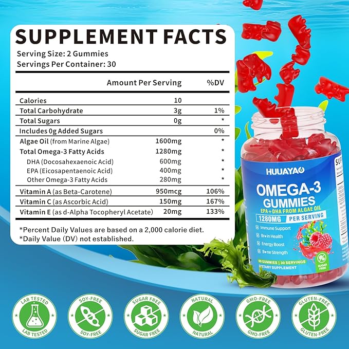 Vegan Omega-3 Gummies 1028mg, Omega 3 Fish Oil Alternative for Adults w/EPA 400mg & DHA 600mg & Vitamin A, C, E Supports Brain, Eye & Immune Health, Sugar Free, Raspberry Flavor, 120 Count