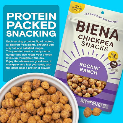 BIENA Chickpea Snacks - Crunchy Roasted Chickpeas - High Fiber Vegan Protein Snacks for Adults and Kids - 4-Pack, 5 Ounce Bags - Rockin’ Ranch
