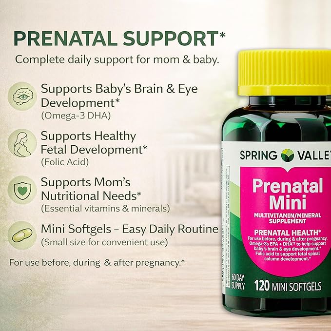 Spring Valley Mini Prenatal Vitamins for Women Softgels Bundle with Luall's 45 Diabetes Decoded. Mini Prenatal Vitamins for Women 120 Soft Gels