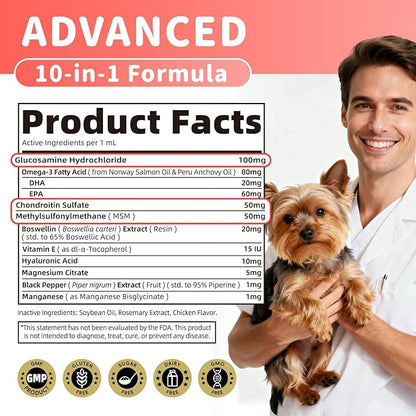 Joint Supplement for Dogs - 10 in 1 Hip and Joint Supplement Drops with Hyaluronic Acid, Liquid Glucosamine for Dogs with Chondroitin, MSM & Omega 3-2 FL.Oz - for All Breeds & Sizes