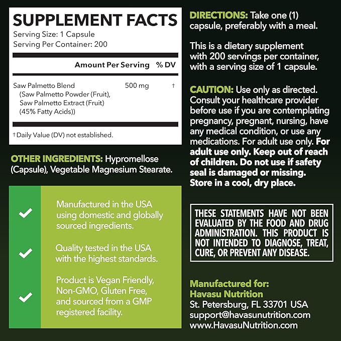 Saw Palmetto for Men Prostate Health Supplement to Promote Urinary Tract Function - 500mg Per Serving - 200 Count - DHT Blocker Hair Vitamin - Vegan, Non-GMO Capsules, Over 6 Month Supply