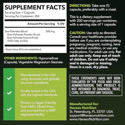 Saw Palmetto for Men Prostate Health Supplement to Promote Urinary Tract Function - 500mg Per Serving - 200 Count - DHT Blocker Hair Vitamin - Vegan, Non-GMO Capsules, Over 6 Month Supply
