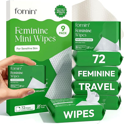 FOMIN Feminine Wipes for Women - 9 Pack (72 Wipes) - pH Balanced Aloe Vera Intimate Cleansing Wipes - Wipes for Sensitive Skin - Individual Packets -Travel Essentials & Gifts for Women & Teen Girls