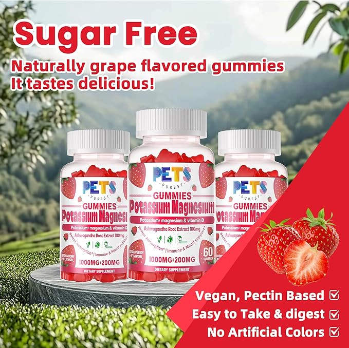 Potassium Magnesium Gummies - High Absorption Magnesium Glycinate & Potassium Citrate Plus Omega 3, B6, D3, K2 & Calcium - Chewable Gummy for Leg Cramps, Immunity & Energy Strawberry 120 Gummies