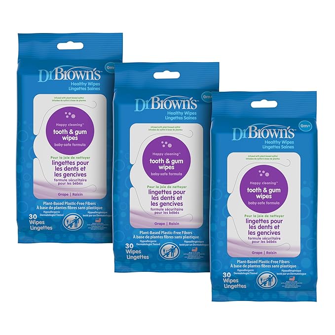 Dr. Brown's Tooth and Gum Healthy Wipes, Fluoride-Free Oral Care for Babies, Grape Flavor, 30 count, 3-Pack (Packaging May Vary)