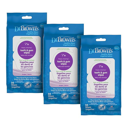 Dr. Brown's Tooth and Gum Healthy Wipes, Fluoride-Free Oral Care for Babies, Grape Flavor, 30 count, 3-Pack (Packaging May Vary)